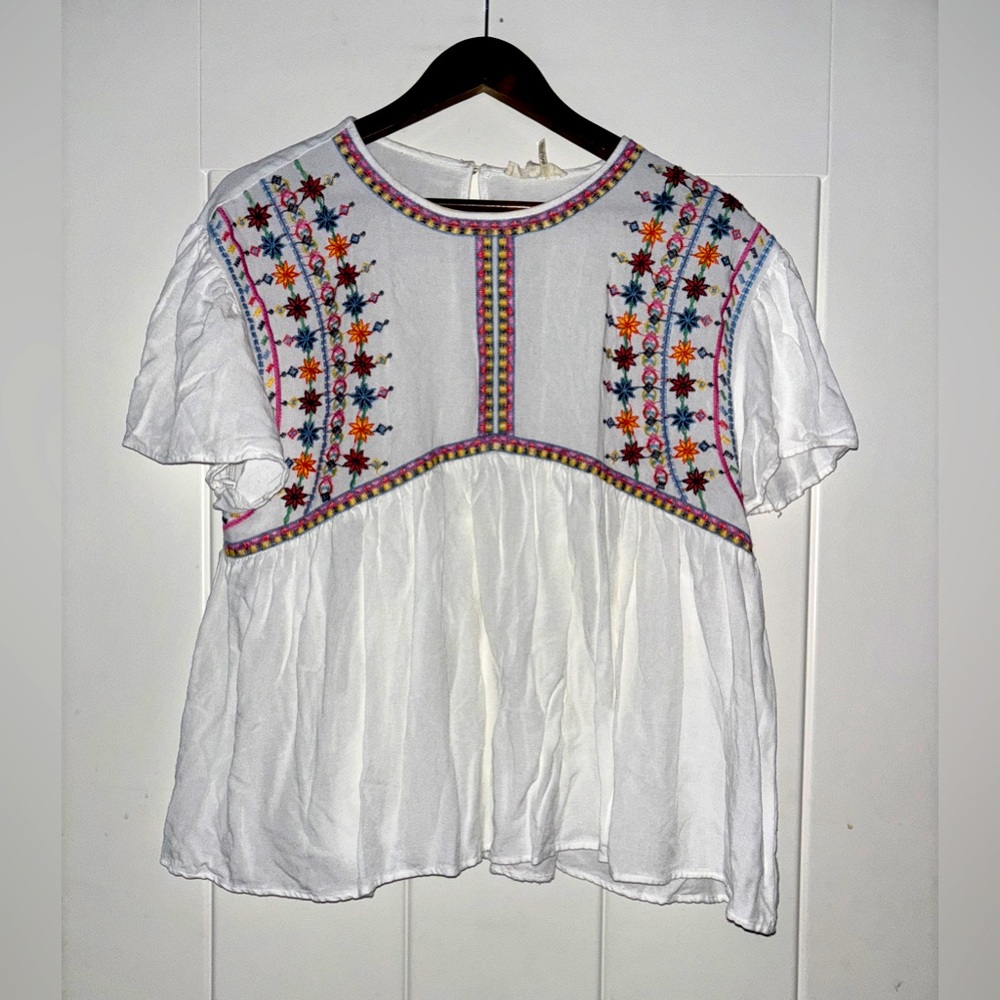 Entro Embroidered Floral  Peasant Short Sleeve Blouse Women‎ L Summer Boho Flowy